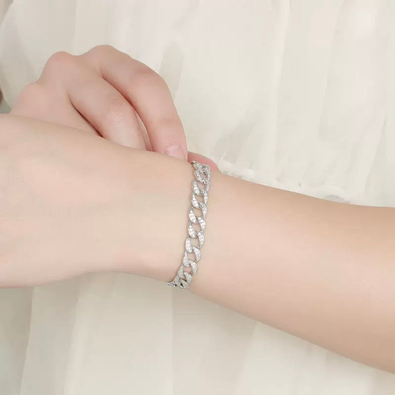 150mm - Moissanite 925 Sterling Silver 8mm Cuban Curb Link Chain Bracelet